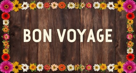 bon voyage text lettering on wood background with colorful flowers on border