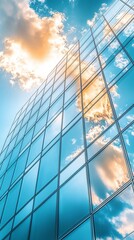 Modern glass skyscraper facade reflecting vibrant sunset sky with fluffy clouds, showcasing urban architecture and nature's beauty in perfect harmony.