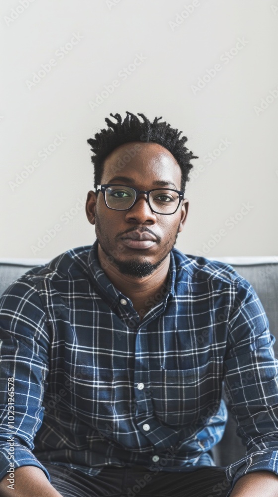 Poster a man with glasses and a beard is sitting on a couch