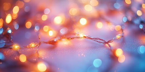 Colorful bokeh lights create a warm, festive atmosphere with golden and blue hues.