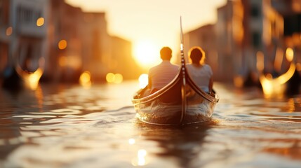 A mesmerizing view of a couple enjoying a gondola ride against the golden sunset backdrop in Venice, portraying romance, beauty, and the magic of twilight.