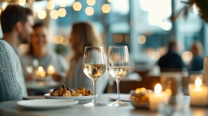 A romantic dining experience with elegantly set table, two glasses of white wine, softly lit by candles, creating an atmosphere of warmth and intimacy for couples.