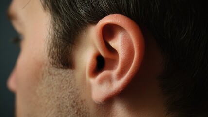 Close-up of Caucasian male ear with short brown hair