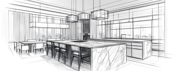 A modern kitchen with marble and wood accents, featuring an island with black metal legs and white cabinetry. The background is a pencil sketch of the same room