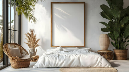 Cozy, minimalist bedroom with natural decor and a blank canvas.