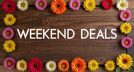 Weekend deals text lettering on wood background with colorful flowers on border