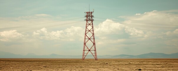 Power Line Tower in a Vast Open Field Dramatic Sky with Clouds