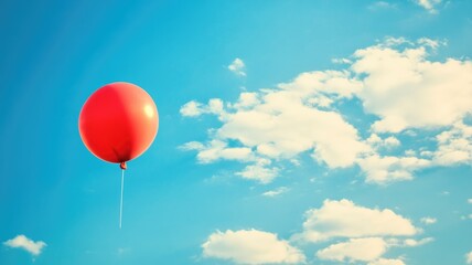 Obraz premium Single red balloon floating in clear blue sky with fluffy white clouds
