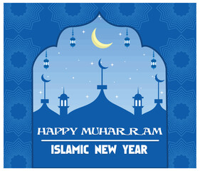 Islamic design in the form of Hijri muharram background and Islamic new year greeting card template with islamic frame, crescent moon and mosque decoration. flat vector modern illustration