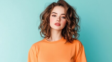 Stylish woman with wavy hair wearing an orange shirt against a blue background, showcasing modern fashion and beauty trends.
