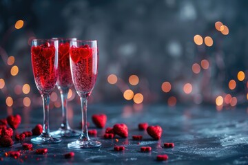 Valentine's day date night background. Drinks glasses with red heart confetti.