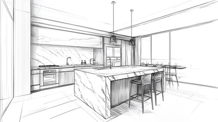 A modern kitchen with marble and wood accents, featuring an island with black metal legs and white cabinetry. The background is a pencil sketch of the same room