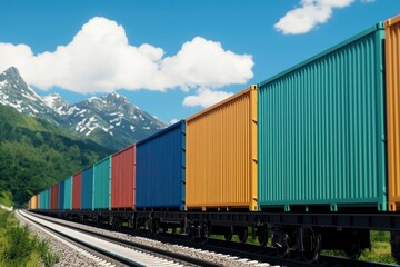 Fototapeta premium Cargo Train with Colorful Containers on Mountain Landscape