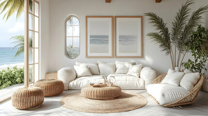 Cozy beachside living room with natural decor and ocean view.