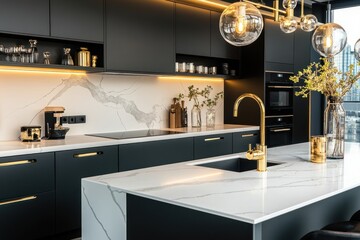 Modern luxury kitchen interior with black cabinets accessories countertop lighting.