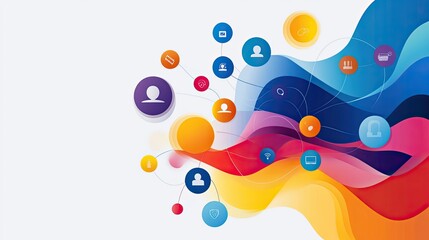 Fototapeta premium Vibrant abstract design featuring colorful waves and icons representing communication and networking concepts.