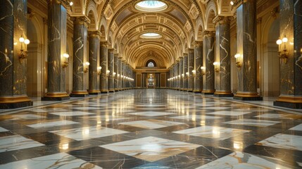 Grandiose interior of a historic building featuring a beautifully patterned marble floor, stately columns, and intricately detailed arches in an opulent setting