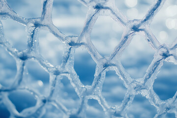 Frozen hockey goal net close up detail on stadium ice. World cup concept background.
