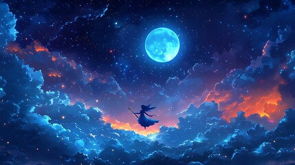 Obraz premium A magical cartoon-style illustration of a witch flying on a broomstick through a moonlit sky filled with stars. The bright full moon glows softly,