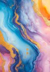 Vibrant abstract art featuring blue, pink, and gold swirls on a colorful canvas.