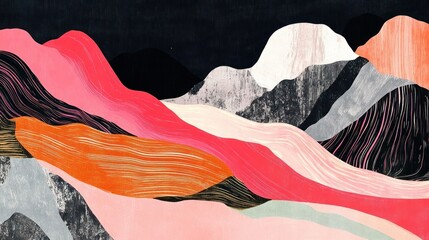 Abstract landscape with flowing shapes in vibrant colors against a dark background.