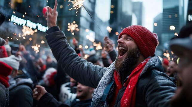 A bearded man in a red beanie joyously celebrates New Year's Eve in a lively urban setting, surrounded by sparklers and a cheering crowd rejoicing together.