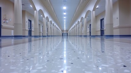 Obraz premium A serene and expansive hallway with polished floors, adorned with arches and doors, extends into the distance, capturing the architectural beauty