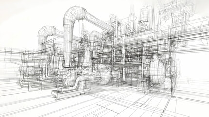 Obraz premium Sketch of industrial equipment. Wire-frame style. 3d illustration