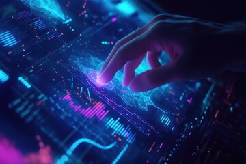 Hand interacting with futuristic digital electronics hardware person.