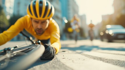 A cyclist in yellow gear lies on the street clutching a bicycle, with other cyclists and vehicles in the background. The scene conveys an urgent and active atmosphere.