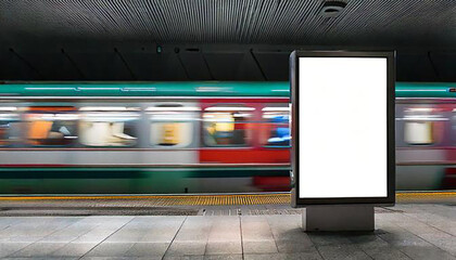 地下鉄のホームに設置された縦長の白い広告スペースと、背後を走るカラフルな電車を描いています。電車は動いているため、ブレている様子がスピード感を感じさせます。全体的に都市の公共交通機関を象徴するシーンです。