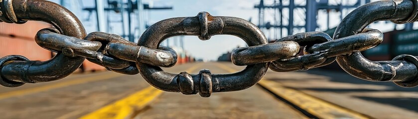 A close-up view of a strong metal chain with blurred background, symbolizing strength and security in industrial settings.