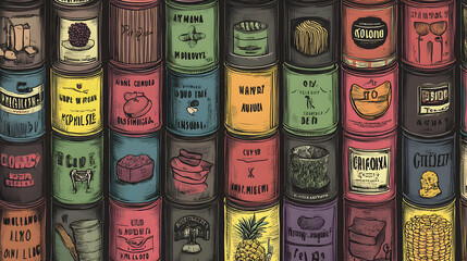 Obraz premium A wall of colorful vintage tin cans with various labels, creating an abstract pattern.
