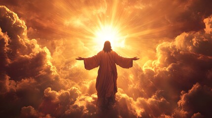 Jesus Christ standing on the clouds with his arms outstretched