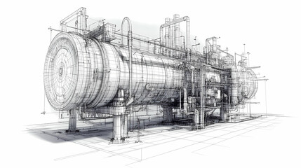 Sketch of industrial equipment. Wire-frame style. 3d illustration