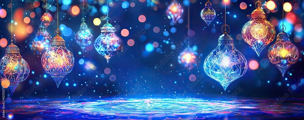 Poster vibrant hanging lanterns illuminated by colorful lights create a mystical atmosphere perfect for fes