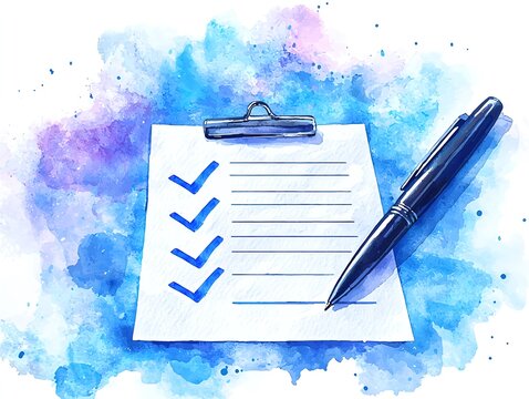 A vibrant watercolor illustration of a clipboard with a checklist and a pen, symbolizing organization and productivity.