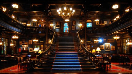 A grand and opulent staircase in a stately building, showcasing intricate architectural details with warm lighting and elegant interior design elements