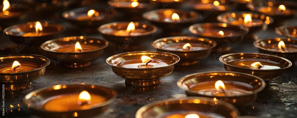 Poster a serene display of glowing candles in decorative holders, creating a warm and calming ambiance for 