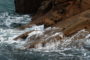Grosses vagues et écume sur les rochers