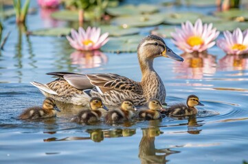 Illustrate a mother duck leading her ducklings through a serene pond, with lily pads and blooming flowers.
