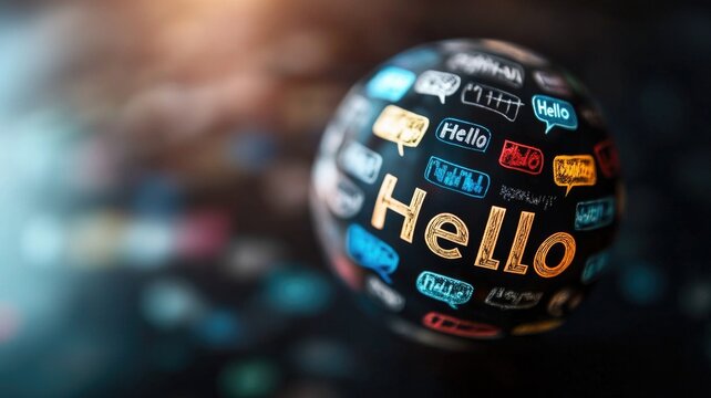 Globe with "Hello" in various languages and colorful speech bubbles