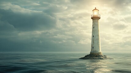 Fototapeta premium Solitary lighthouse standing tall amid stormy sea during twilight
