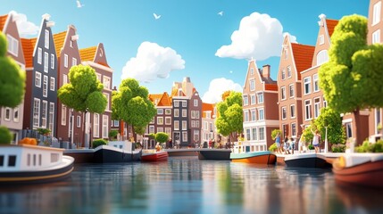 A vibrant illustration depicting a colorful cityscape with iconic Dutch-style architecture, lush trees, and a lively canal filled with boats under a bright, clear sky.