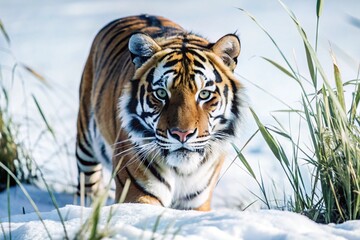 Obraz premium Capture a tiger stealthily prowling through tall grass, with only its eyes and stripes visible among the foliage. 