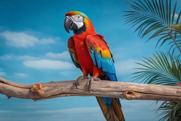 Obraz premium Feature a vibrant macaw perched on a branch, with its feathers contrasting against a tropical rainforest background. 