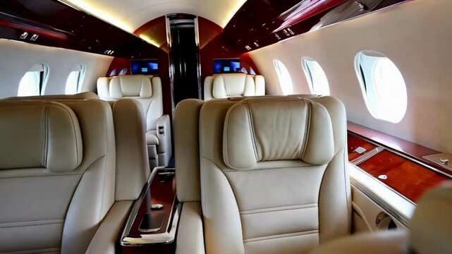  Interior of a Private Jet with White Leather Seats and Windows