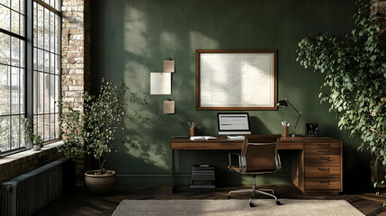 Cozy office space with a desk, computer, and plants.