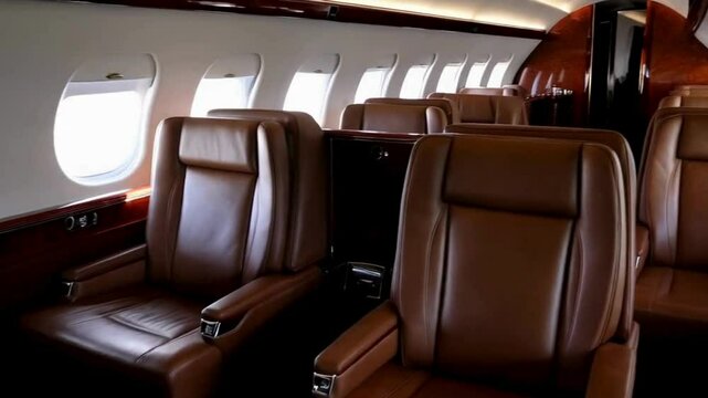  Interior of a Private Jet with Brown Leather Seats and Windows