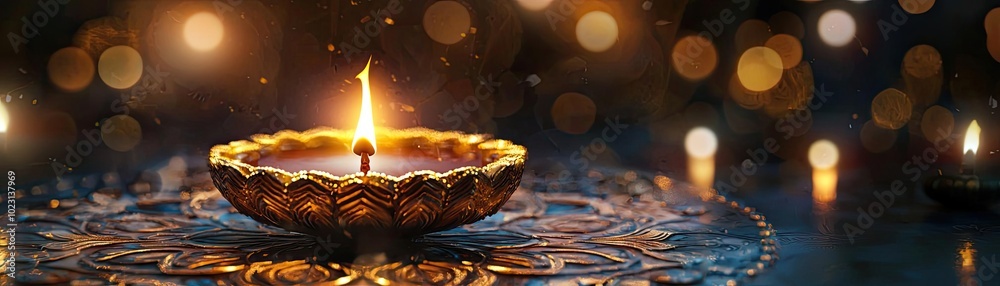 Poster a beautifully lit oil lamp surrounded by warm bokeh lights, creating a serene and festive atmosphere